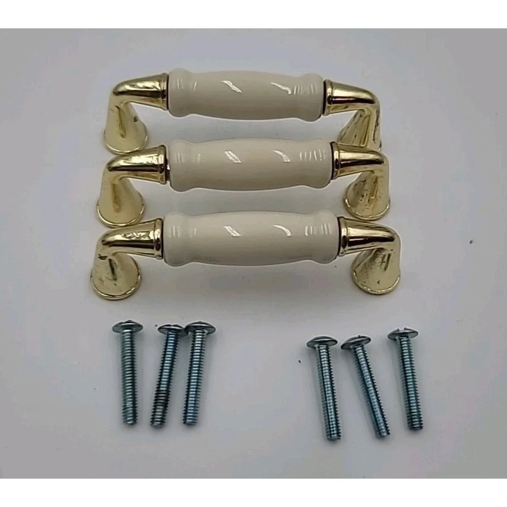 VTG 3pc Brass‎ Beige Ceramic Cabinet Handles Drawer Pulls 3